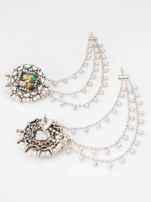 silver oxidized radha krishna earrings with pearl drop chains 2
