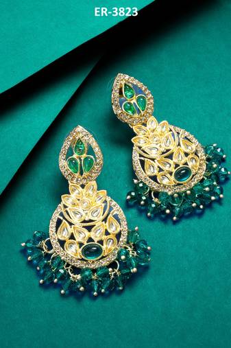 green kundan floral drop earrings