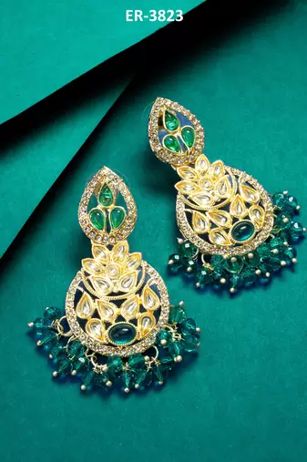 green kundan floral drop earrings