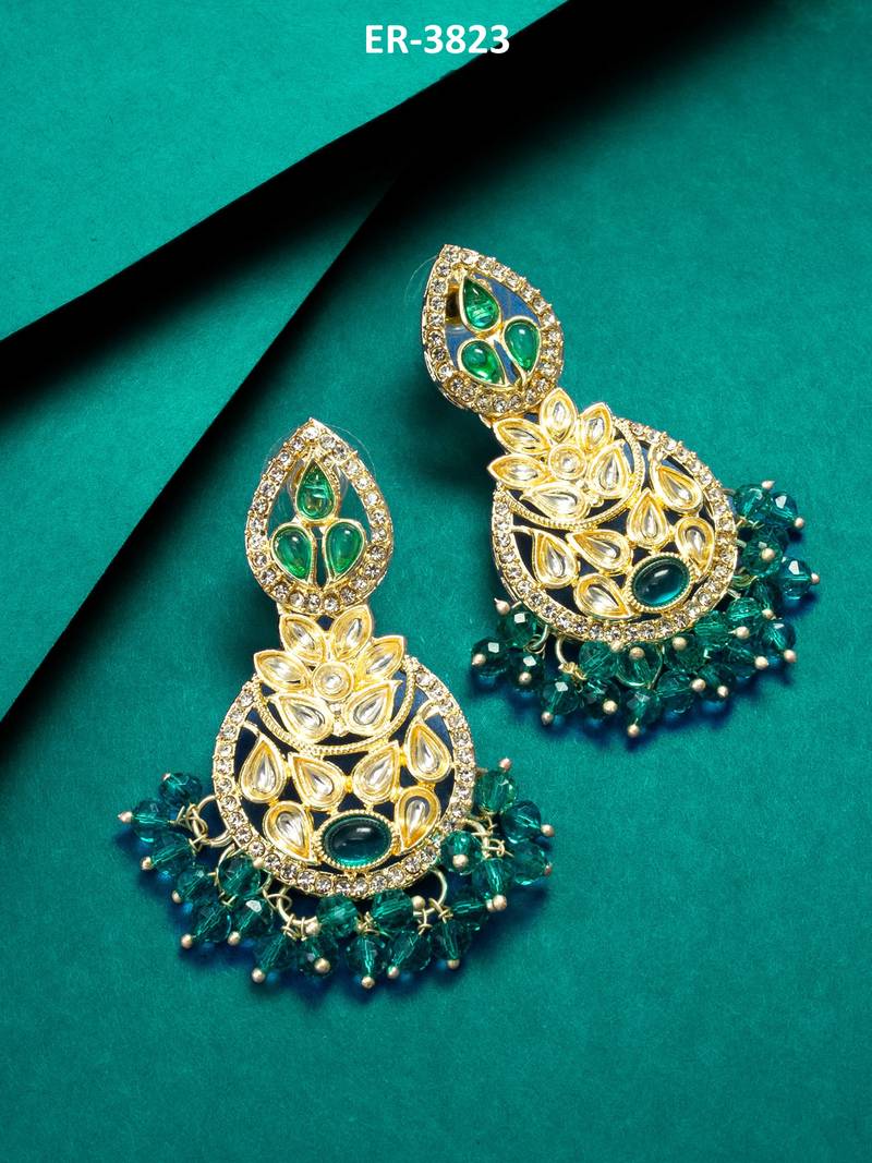 green kundan floral drop earrings