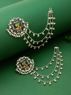 silver oxidized radha krishna earrings with pearl drop chains 3