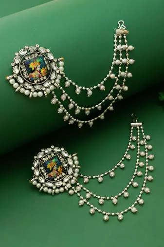 silver oxidized radha krishna earrings with pearl drop chains