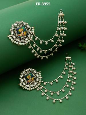 silver oxidized radha krishna earrings with pearl drop chains 4