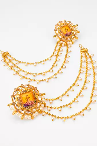 gold-tone shri ram mandir earrings with pearl drop chains