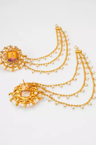 gold-tone shri ram mandir earrings with pearl drop chains
