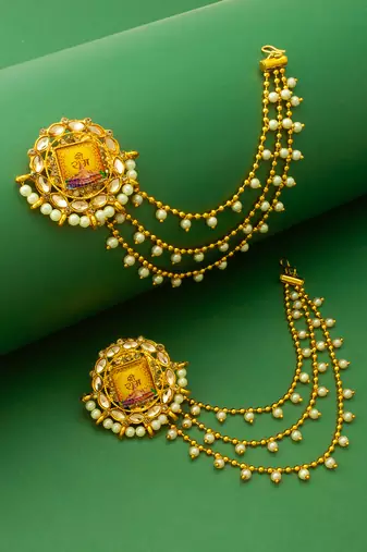 gold-tone shri ram mandir earrings with pearl drop chains
