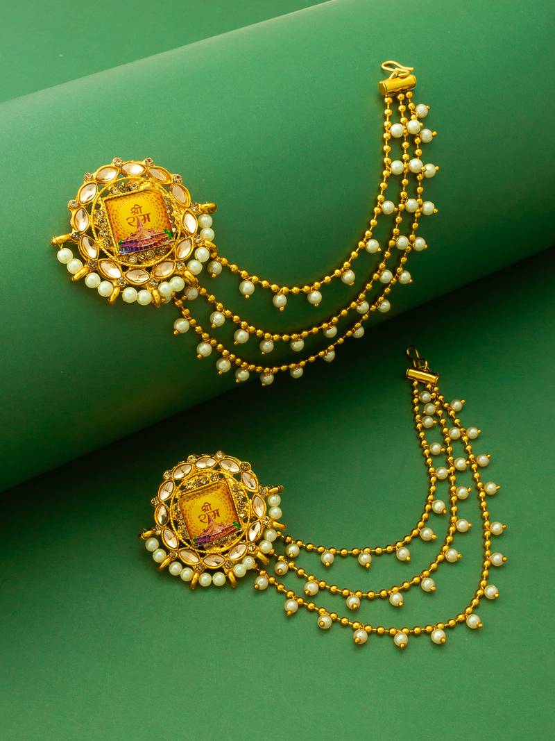 gold-tone shri ram mandir earrings with pearl drop chains