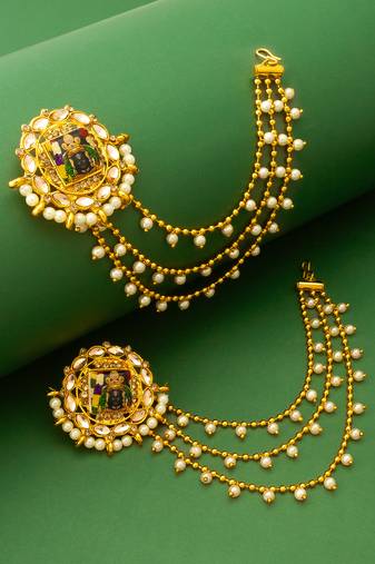 traditional temple layered earrings with pearl drop chains