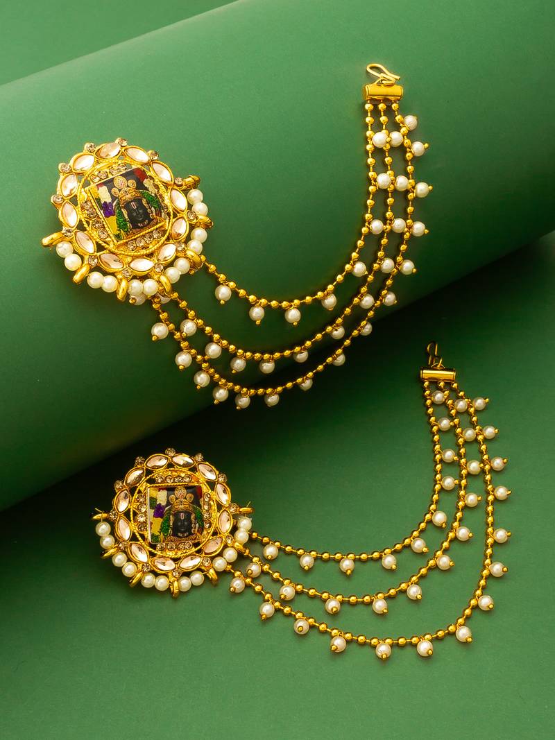 traditional temple layered earrings with pearl drop chains