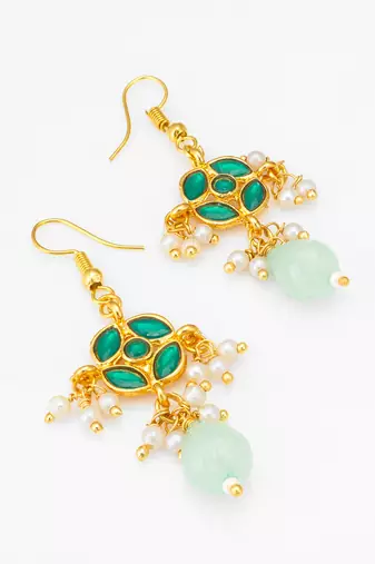 green floral drop earrings with pearl clusters