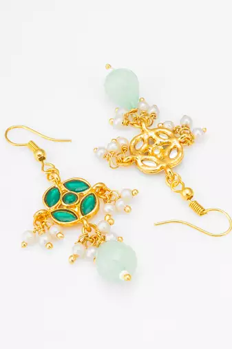 green floral drop earrings with pearl clusters