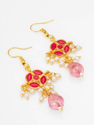 gold-toned floral earrings with pearl dangles and pink crystal drop 2