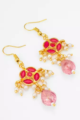 gold-toned floral earrings with pearl dangles and pink crystal drop