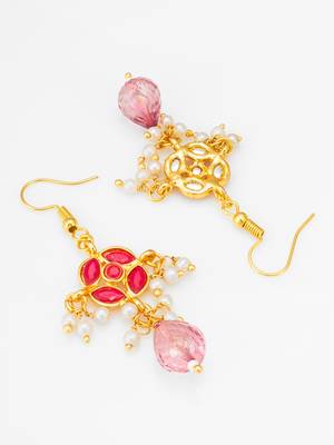 gold-toned floral earrings with pearl dangles and pink crystal drop 3