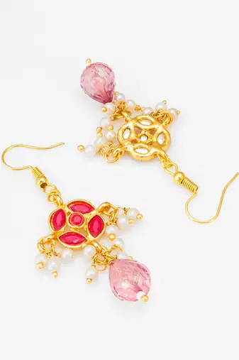 gold-toned floral earrings with pearl dangles and pink crystal drop
