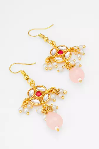 gold-toned floral earrings with stone, pearl drops