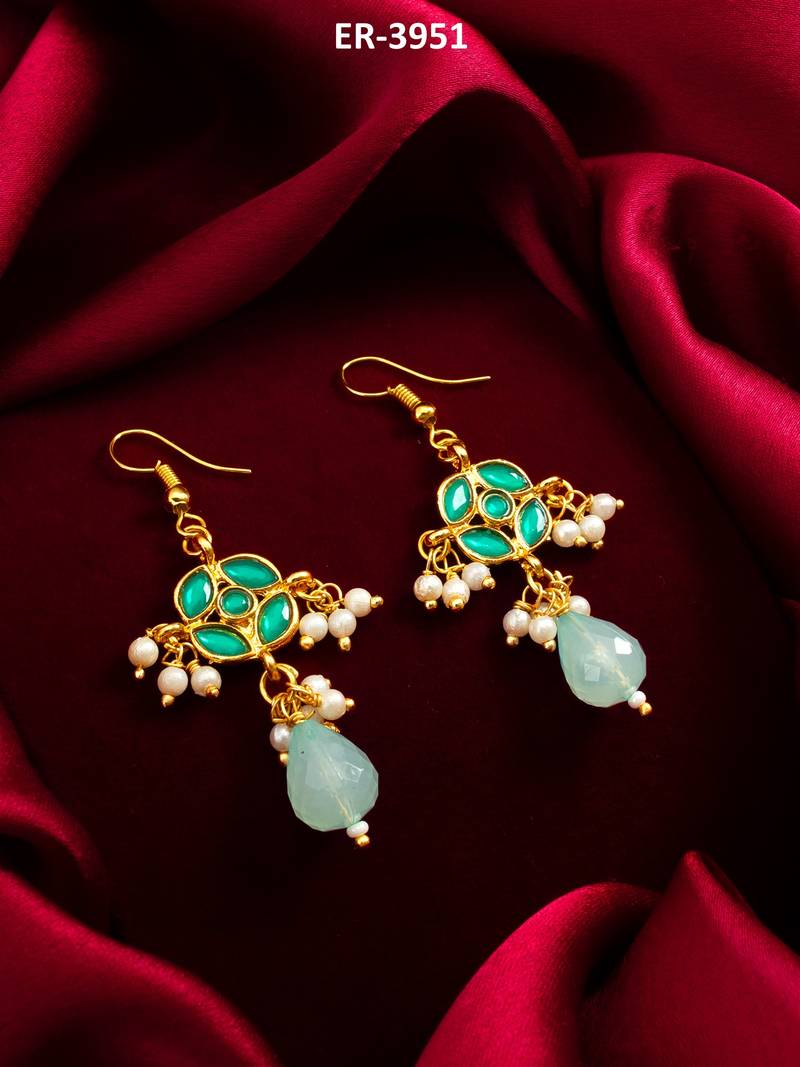 green floral drop earrings with pearl clusters