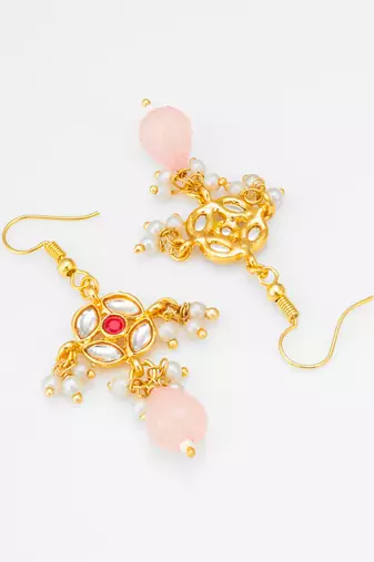 gold-toned floral earrings with stone, pearl drops