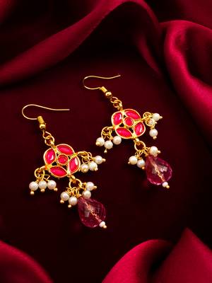 gold-toned floral earrings with pearl dangles and pink crystal drop 5