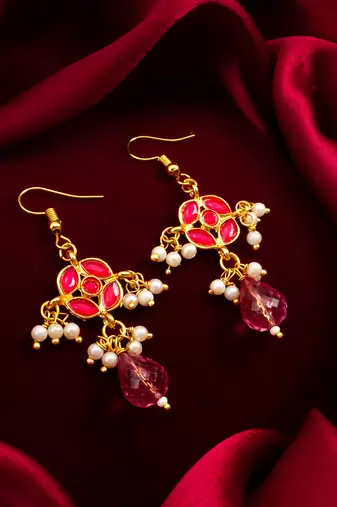 gold-toned floral earrings with pearl dangles and pink crystal drop
