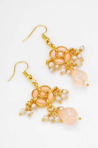 gold-toned peach floral earrings with pearl drops and crystal dangle