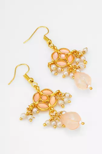 gold-toned peach floral earrings with pearl drops and crystal dangle