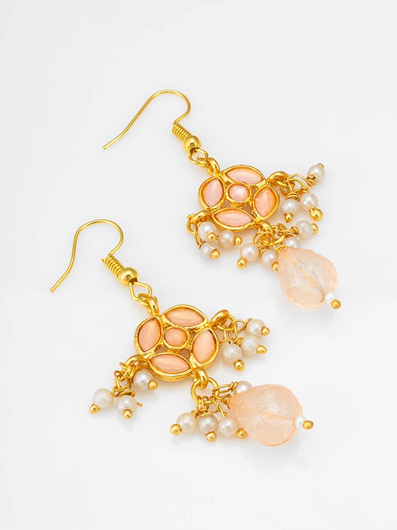 gold-toned peach floral earrings with pearl drops and crystal dangle
