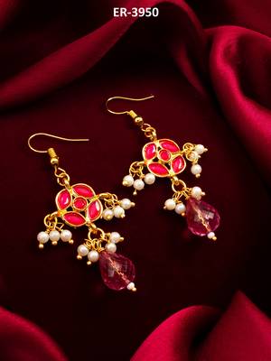 gold-toned floral earrings with pearl dangles and pink crystal drop 1