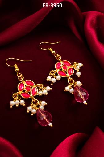 gold-toned floral earrings with pearl dangles and pink crystal drop