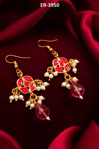 gold-toned floral earrings with pearl dangles and pink crystal drop