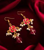 gold-toned floral earrings with pearl dangles and pink crystal drop