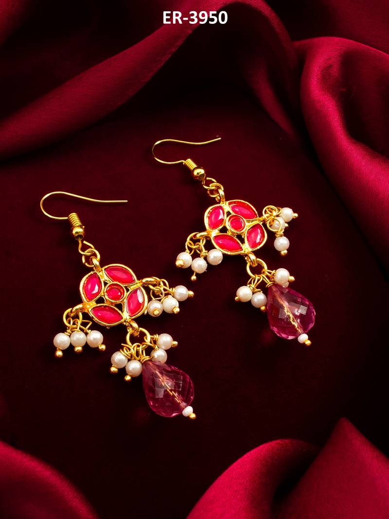 gold-toned floral earrings with pearl dangles and pink crystal drop