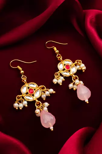 gold-toned floral earrings with stone, pearl drops