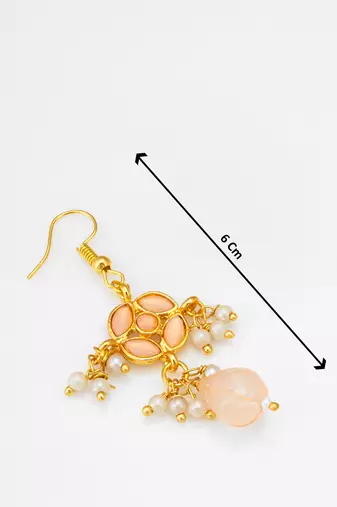 gold-toned peach floral earrings with pearl drops and crystal dangle