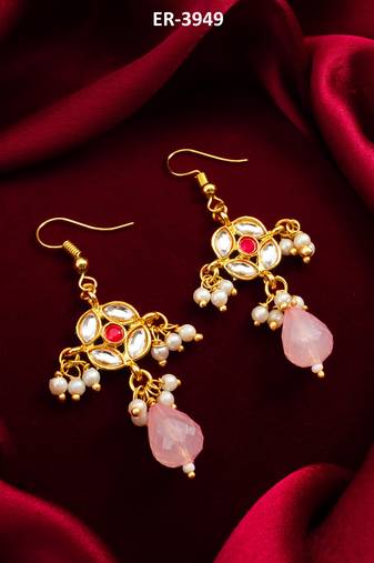gold-toned floral earrings with stone, pearl drops
