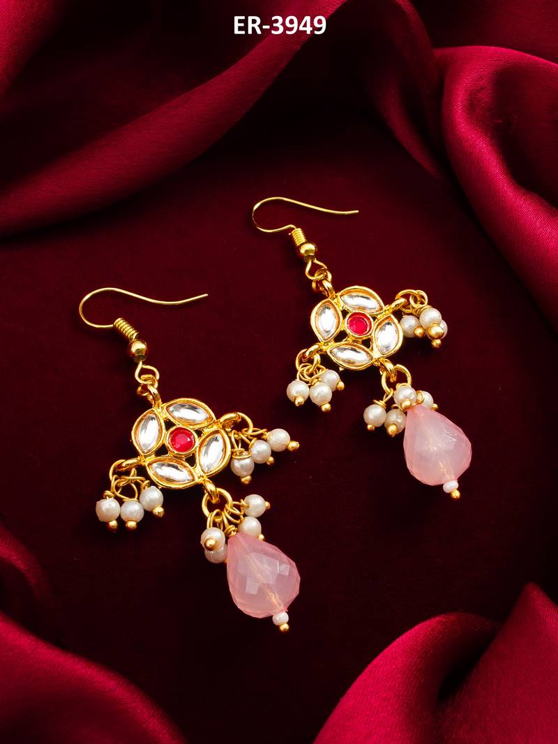 gold-toned floral earrings with stone, pearl drops