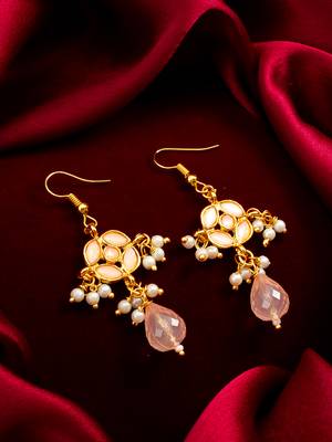 gold-toned peach floral earrings with pearl drops and crystal dangle 4