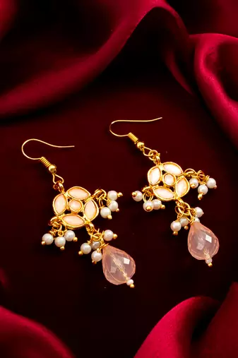 gold-toned peach floral earrings with pearl drops and crystal dangle