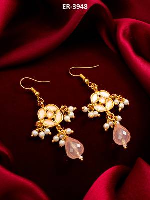 gold-toned peach floral earrings with pearl drops and crystal dangle 5