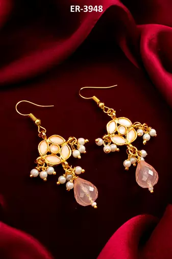 gold-toned peach floral earrings with pearl drops and crystal dangle