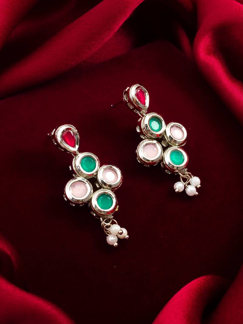 silver plated multi-color drop earrings with pearl