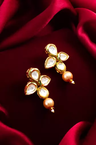 floral gold plated earrings with rose pearl drops