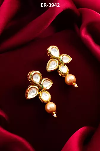 floral gold plated earrings with rose pearl drops