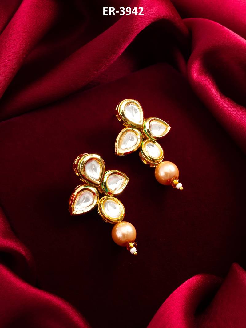 floral gold plated earrings with rose pearl drops