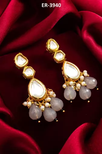 gold plated grey drop earrings with pearl