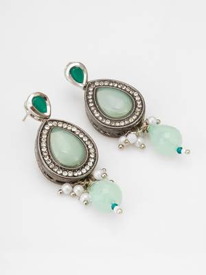 silver finished mint green stone and pearl drop earrings 2