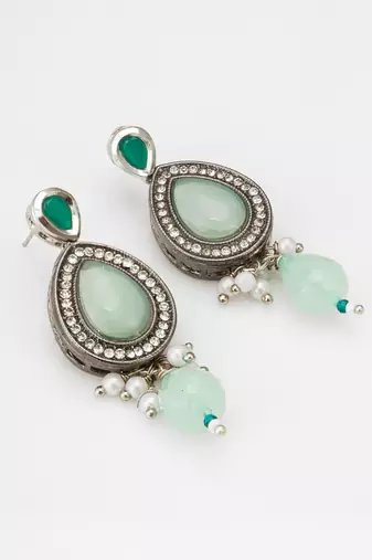 silver finished mint green stone and pearl drop earrings