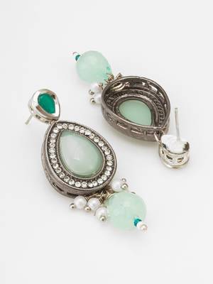 silver finished mint green stone and pearl drop earrings 3