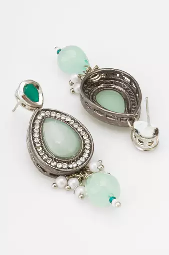 silver finished mint green stone and pearl drop earrings