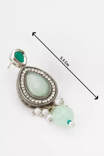 silver finished mint green stone and pearl drop earrings